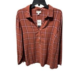J Jill Top XL Women’s Burnt Orange & Pink Plaid Popover Collared Shirt NWT
